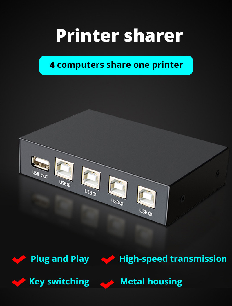 USB Print Sharer Switch 4 In 1 Out USB Auto Printer Sharer Splitter For ...