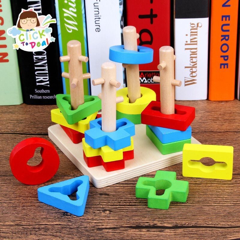 Geometric Shape Matching Building Blocks Children Four-post Wooden Baby ...