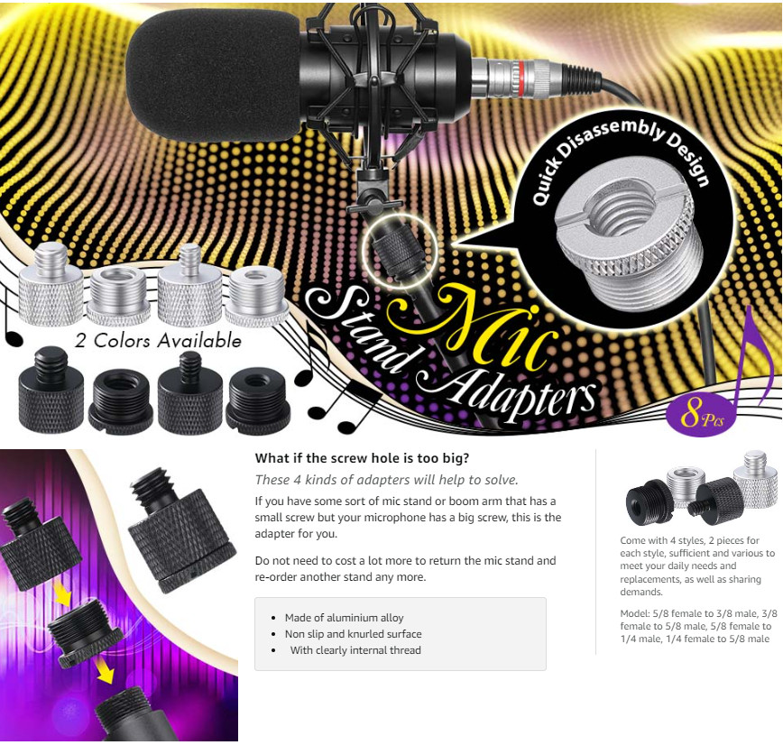8 Pcs Mic Stand Adapter Microphone Adapter, 5/8 Female to 3/8 Male and ...