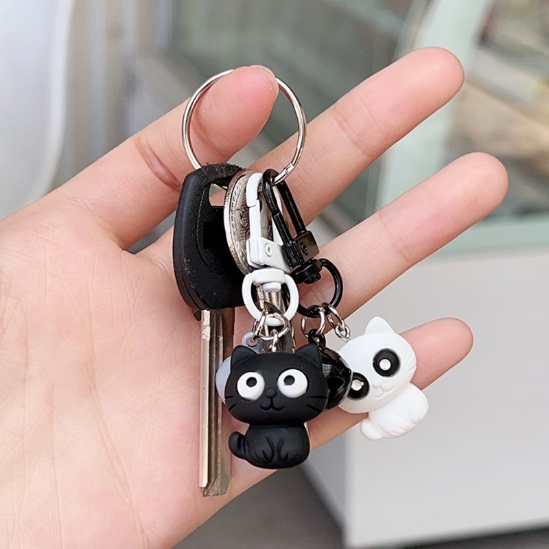 Cartoon Cute Black White Cat Bell Keychain- Exquisite Unique Schoolbag ...