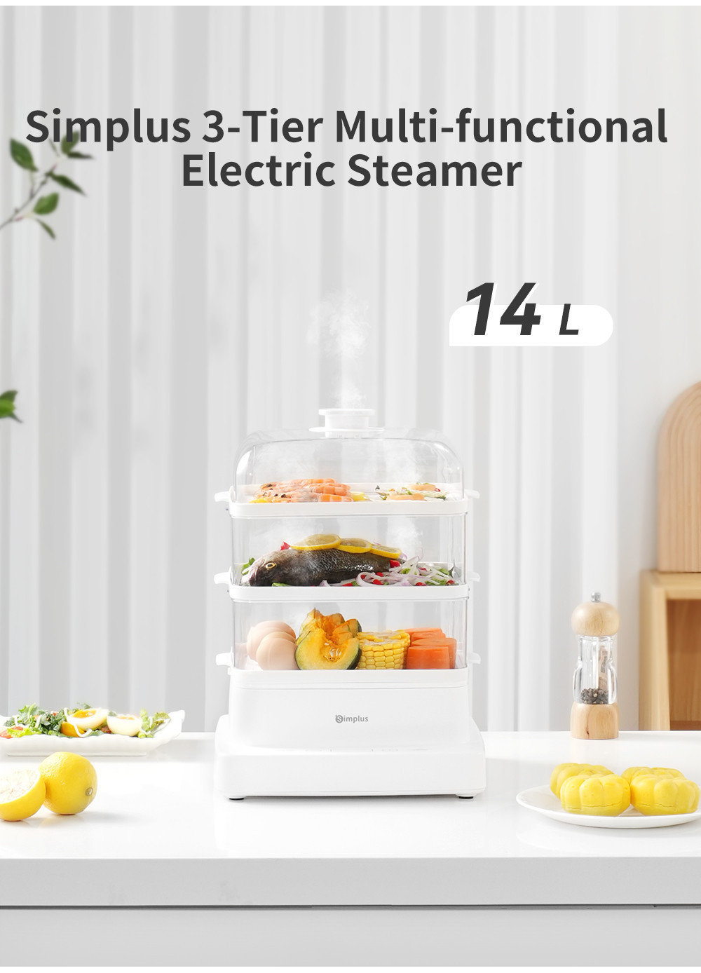 Simplus Electric Food Steamer | 3-Tier 14L Capacity | 1200W High Power ...