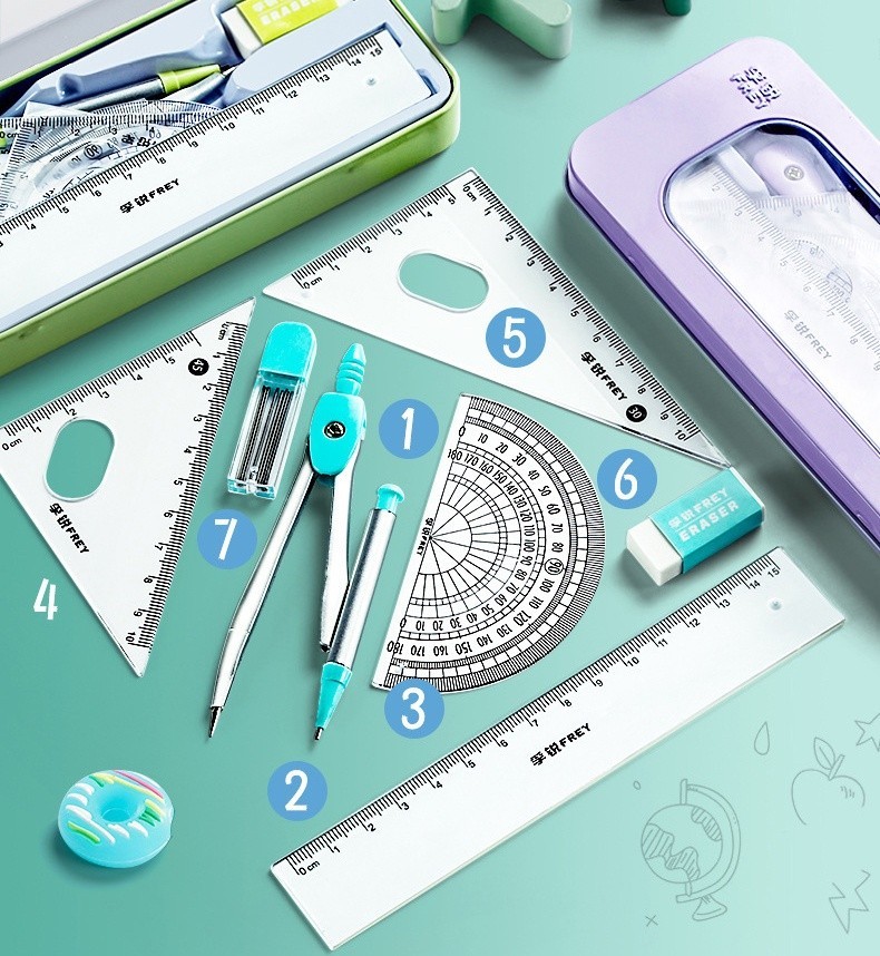 7-Pieces Ruler Set Ruler Triangle Ruler Protractor Rubber Compass ...
