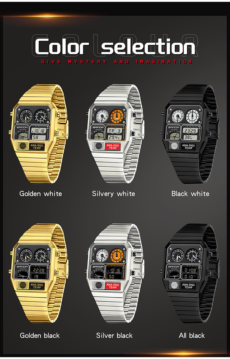 Sanda Retro Trendy Punk Dual Display Luminous Waterproof Electronic ...