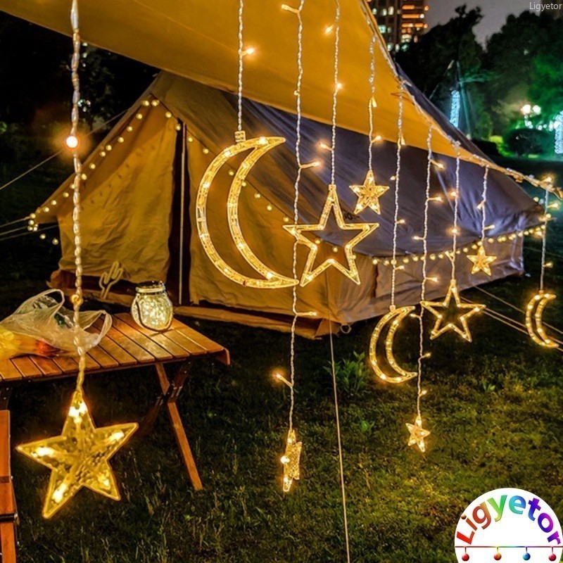 Ligyetor Lampu Raya Solar Curtain Lights Star Moon String Light LED ...
