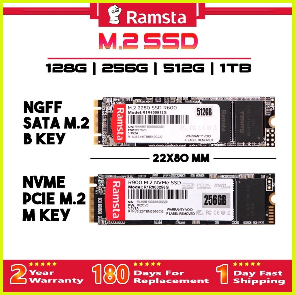 Ramsta M.2 SATA NGFF /NVME PCIE3.0 SSD 128GB 256GB 512GB 1TB For PC ...