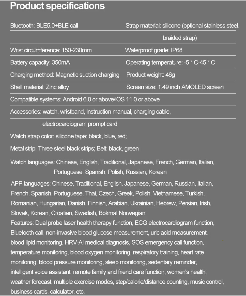 Laser Therapy ECG+PPG Smartwatch Blood Sugar Blood lipids Blood