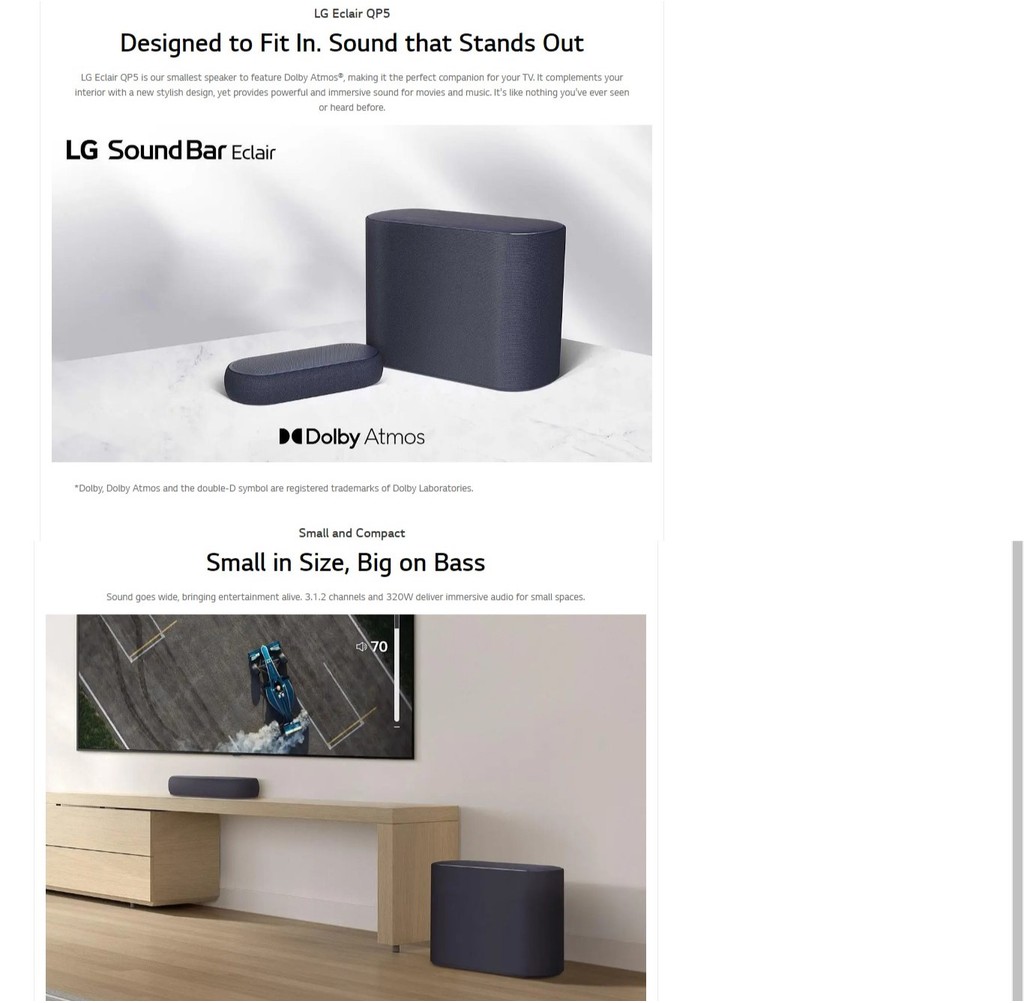 LG 3.1.2ch 320W Dolby Atmos DTS Sound Bar Home Theater Speaker QP5