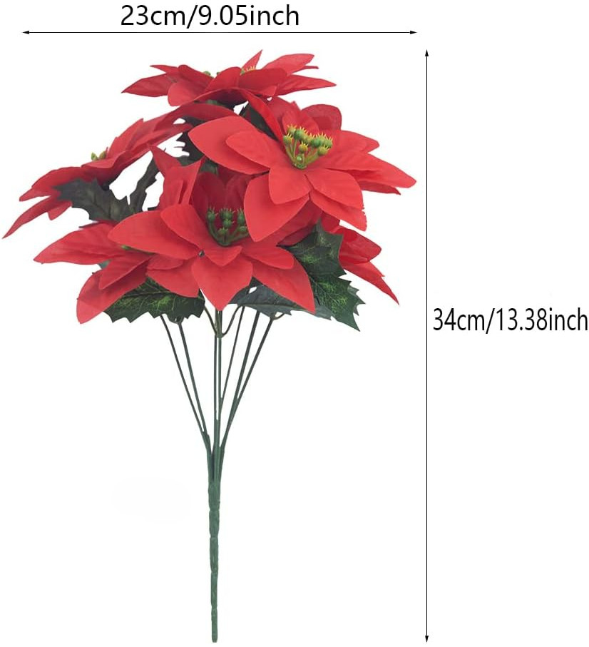 5 Heads Christmas Artificial Flowers Poinsettia Flowers Red Silk ...