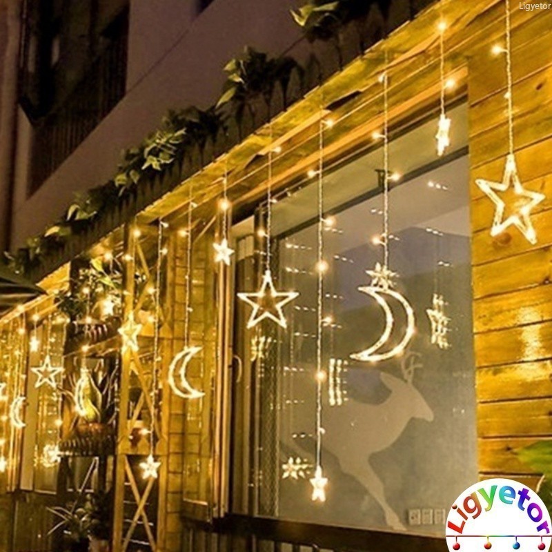 Ligyetor Lampu Raya Solar Curtain Lights Star Moon String Light LED ...