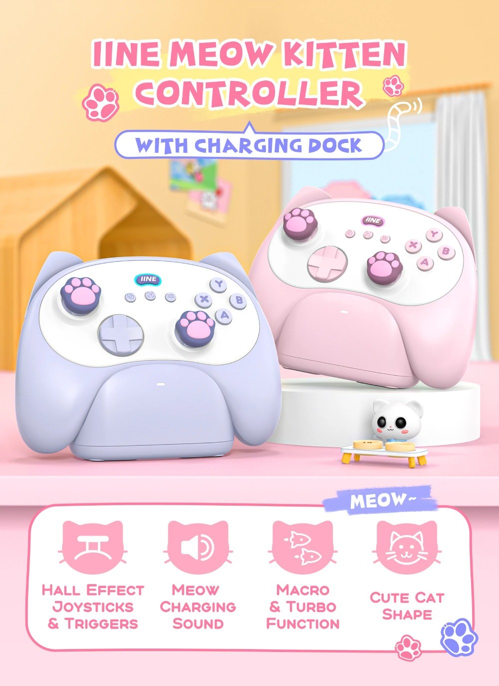 IINE Meow Cat Wireless Controller with Charging Dock for Switch ...