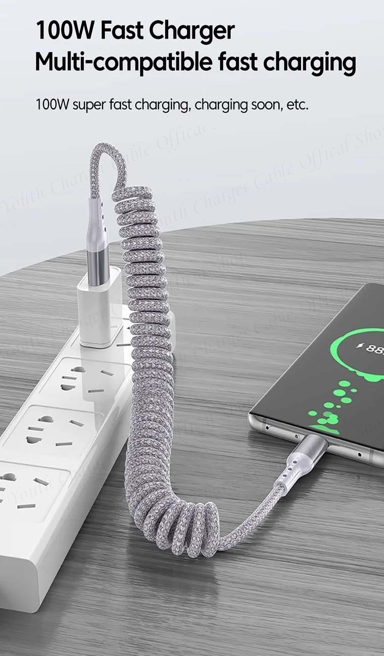 Spring Coil Retractable Car Data Cable PD100W Super Fast Charging Phone ...