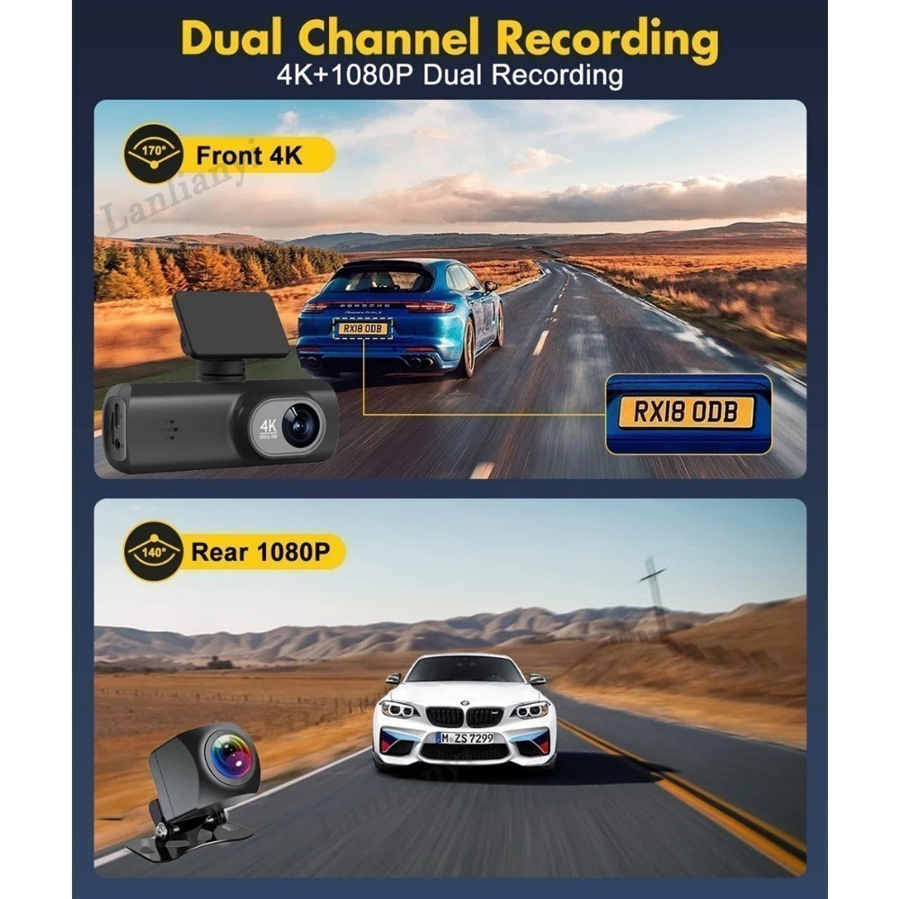 UHD 4K Dash Cam for Cars Front and Rear Dual Lens 1080P Rear Lens Built ...