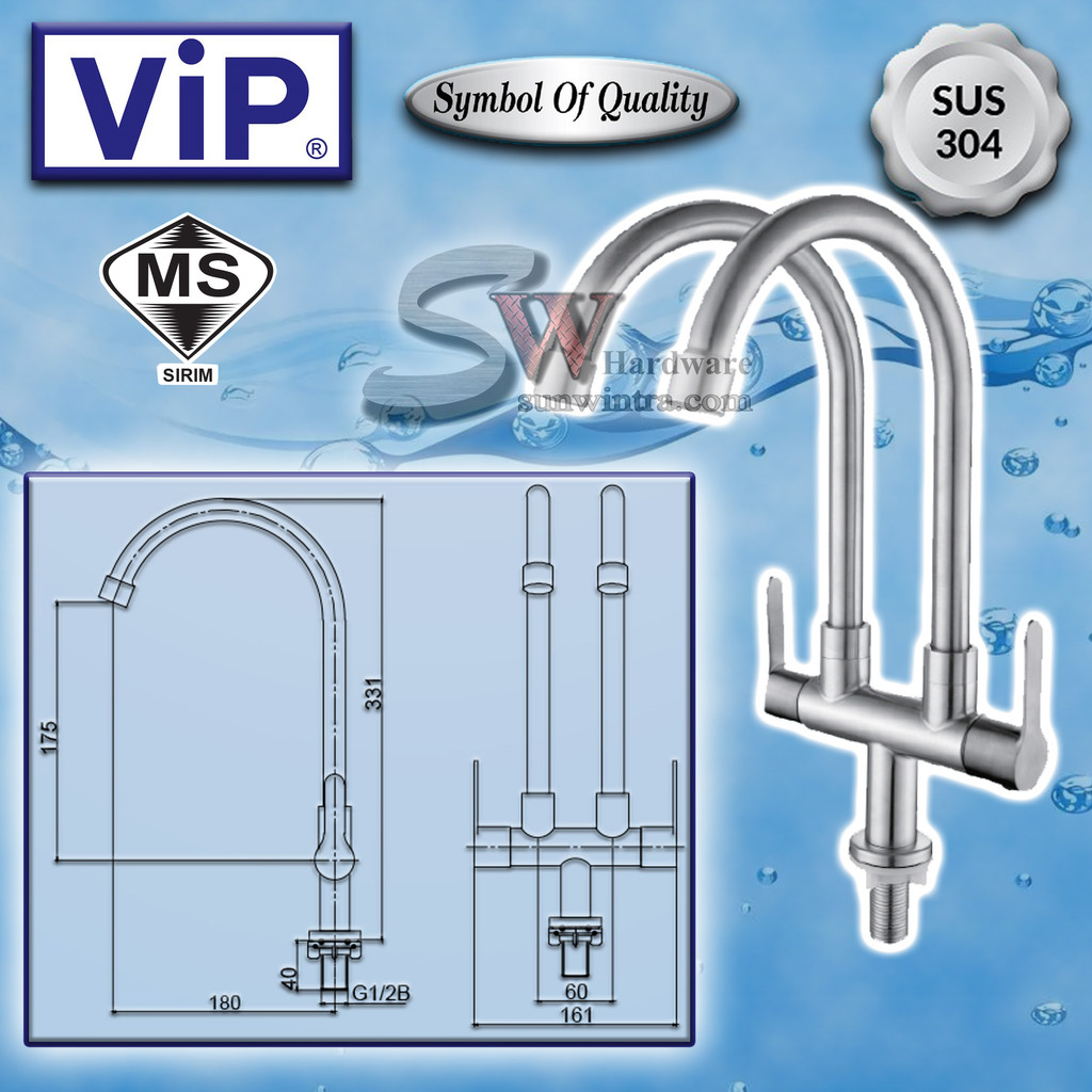 VIP SUS304 STAINLESS STEEL DOUBLE PILLAR SINK TAP #SS-3677 SS3677 TAP ...