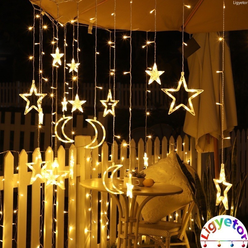 Ligyetor Lampu Raya Solar Curtain Lights Star Moon String Light LED ...