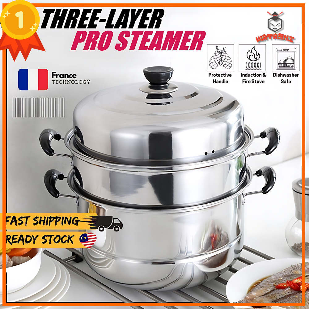 3 LAYER STAINLESS STEEL MULTIPURPOSE STEAMER POT 32/28 CM SOUP POT ...