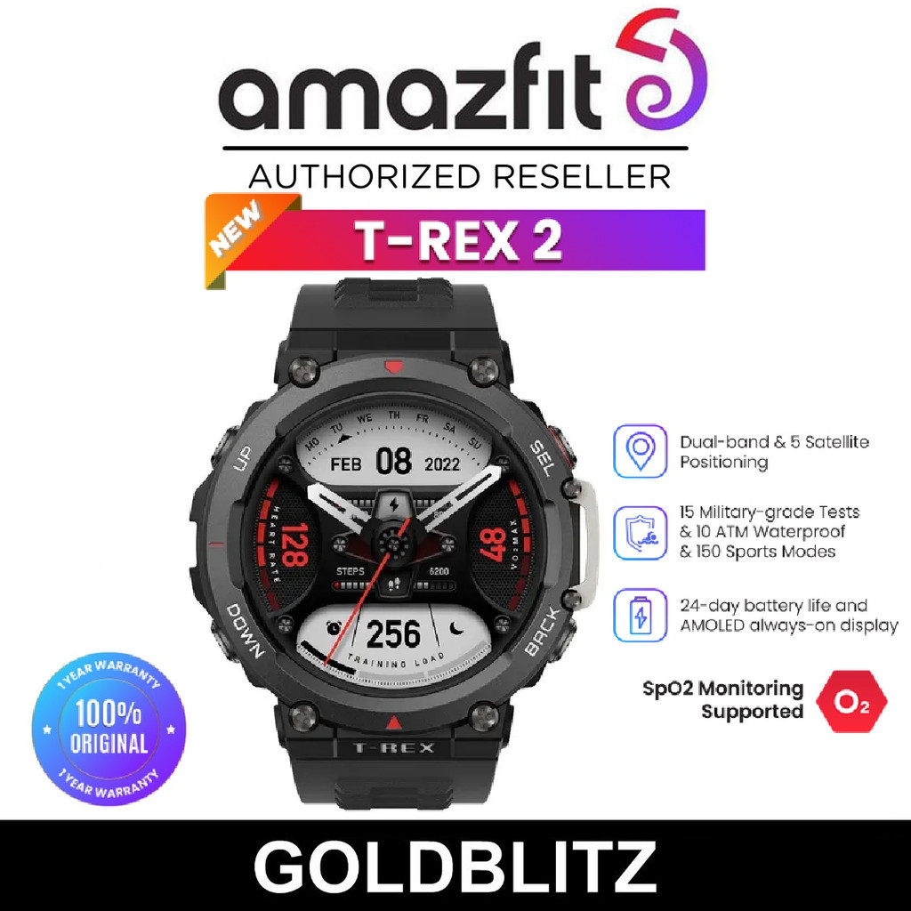 Amazfit T-Rex 2 Smartwatch 5 GPS Satellite Military-grade Fitness Heart ...