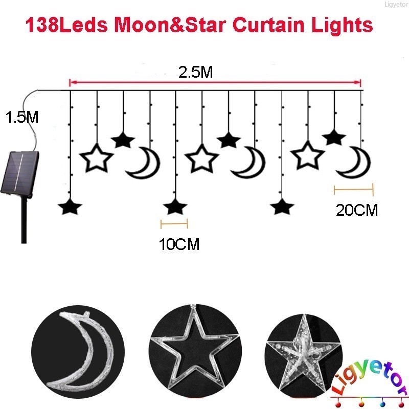 Ligyetor Lampu Raya Solar Curtain Lights Star Moon String Light LED ...