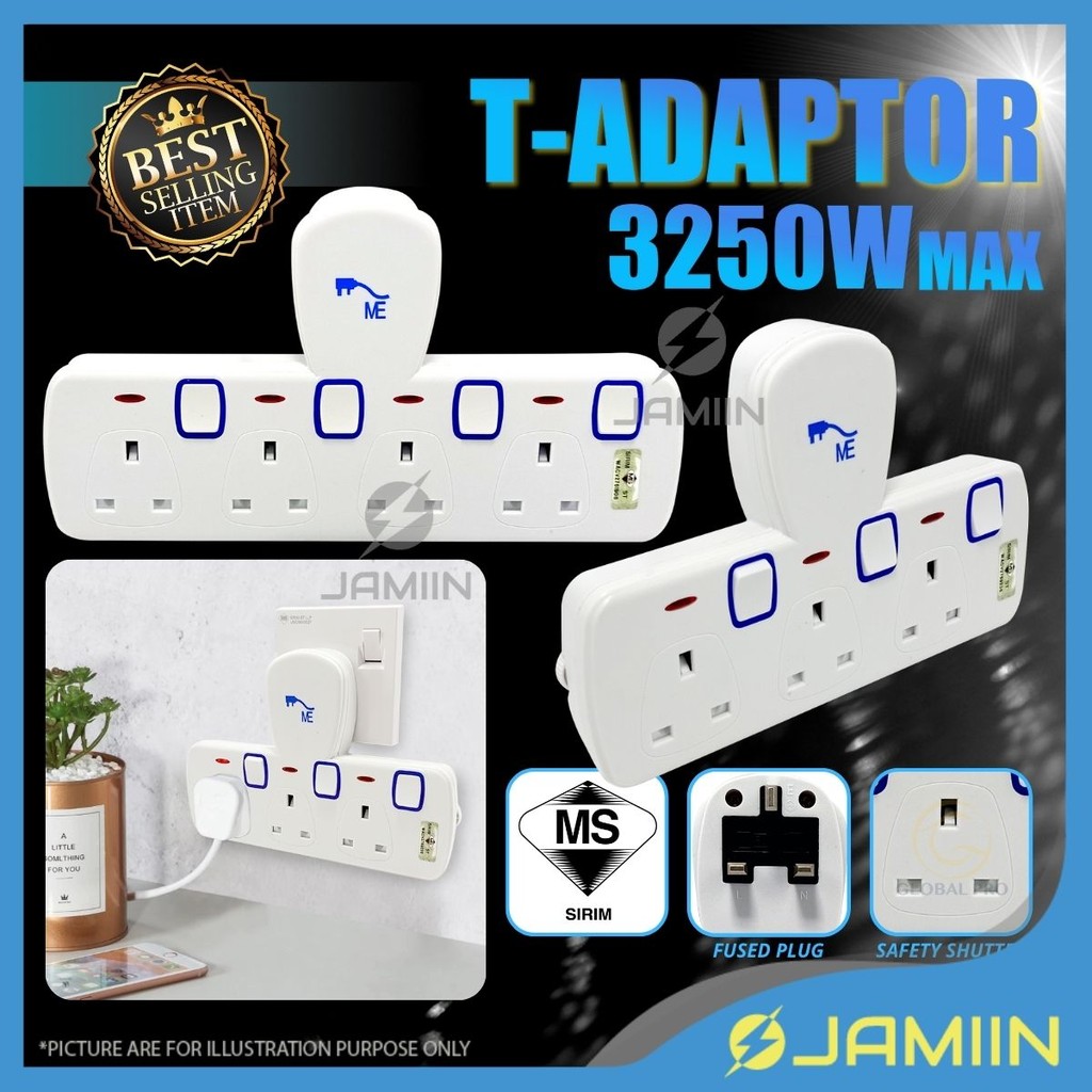 [SIRIM] T-Adaptor Soket Plug 3 Pin Wayar Extension Adapter Plug Socket ...