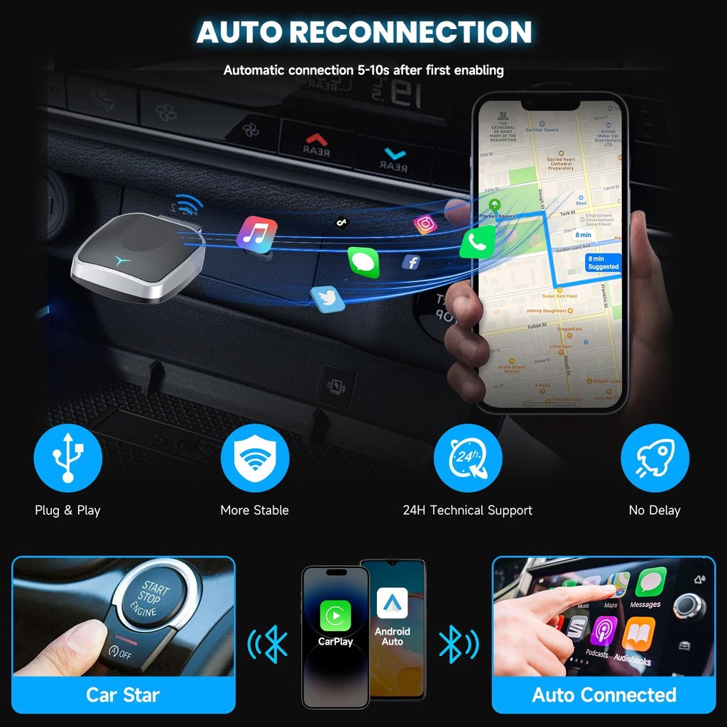 2-in-1 Wired to Wireless CarPlay Adapter & Android Auto Wireless ...