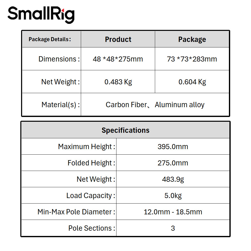 SmallRig Carbon Fiber Pocket Tripod Kit Compact & Portable Tripod [5026 ...