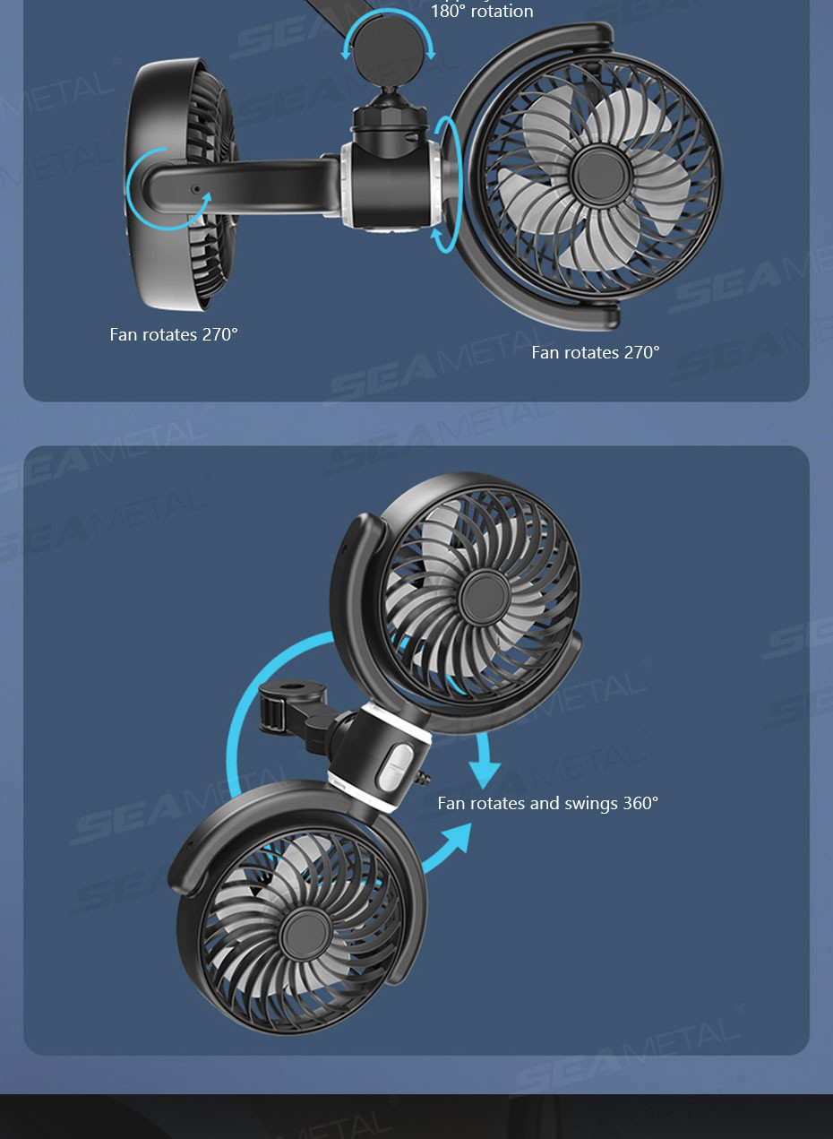 SEAMETAL Dual Head Car Fan Rotatable Rear Seat Dual Fan USB ...