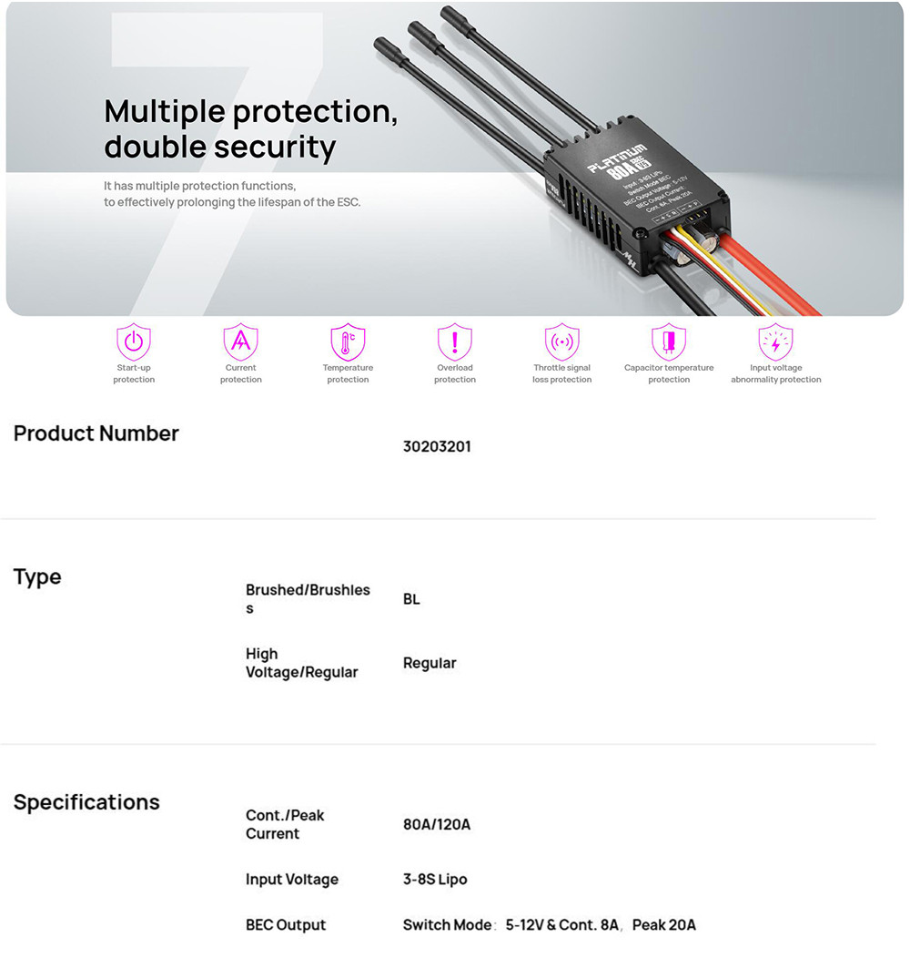 thumbnail image 2 of Hobbywing FlyFun 80A V5 8S Brushless ESC – For RC Planes, EDF, Heli, FPV Wing, 1:4 To 1:18 Scale 2 of 3