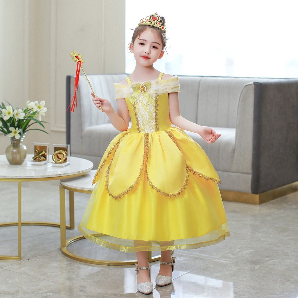 Beauty And Beast Cosplay Costume Princess Bella Yellow Dress For Kids ...
