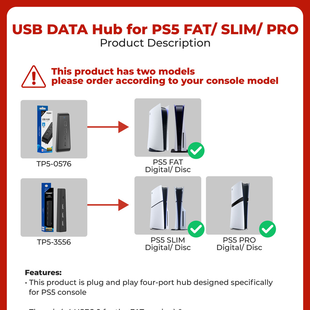 DOBE PS5 FAT SLIM PRO USB HUB Data Transfer USB 2.0 Extend 4 Slot TP5 ...