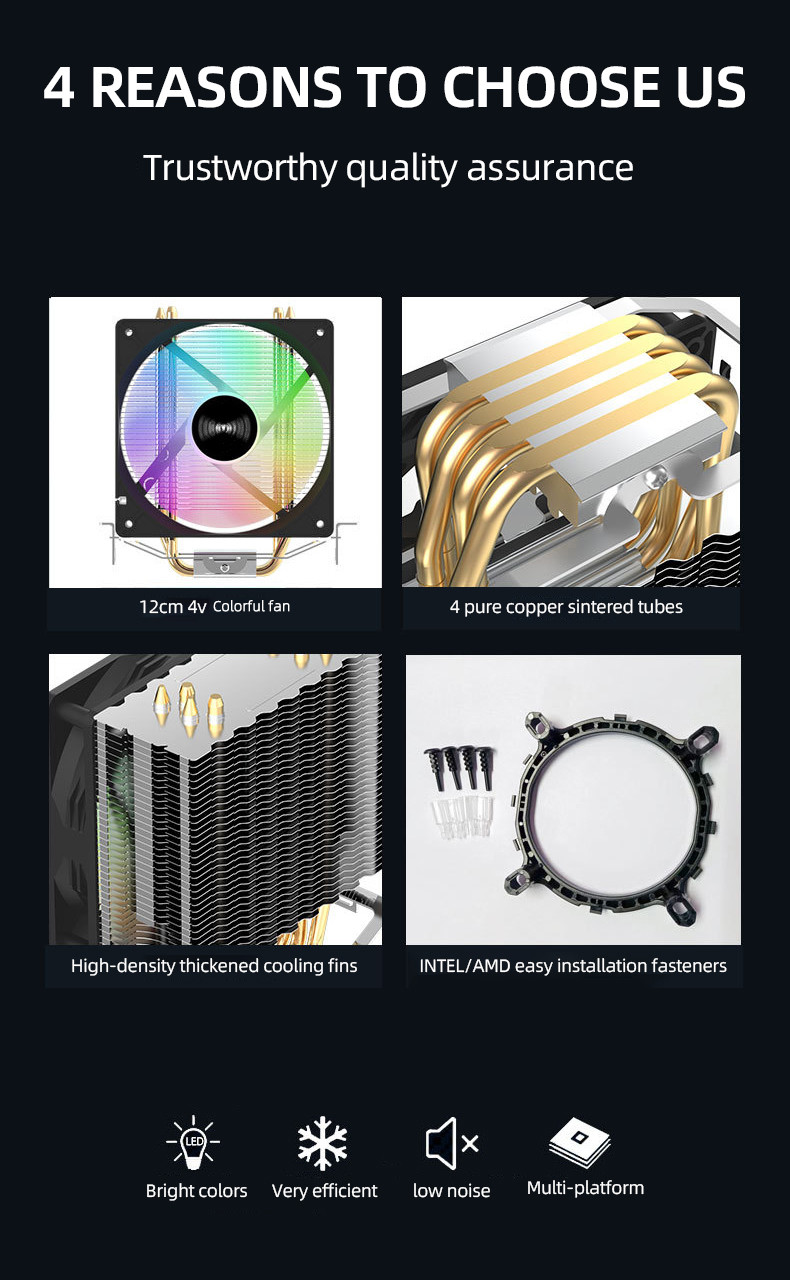 TEUCER CPU Cooler 4 Heat Pipes PC Radiator Cooling 3PIN PWM Silent Rgb ...