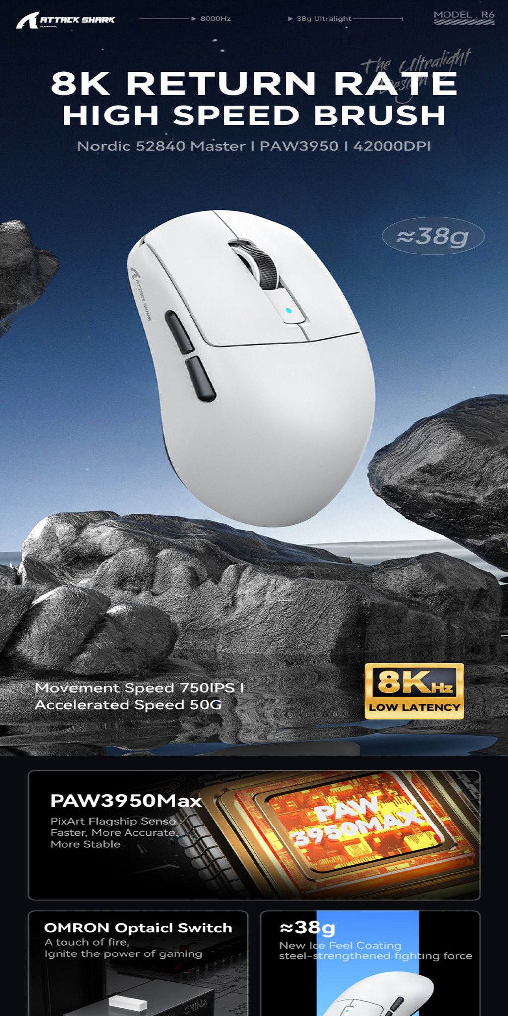 ATTACK SHARK R6 Ultralight 38g Wireless 8K Gaming Mouse, PAW3950MAX ...