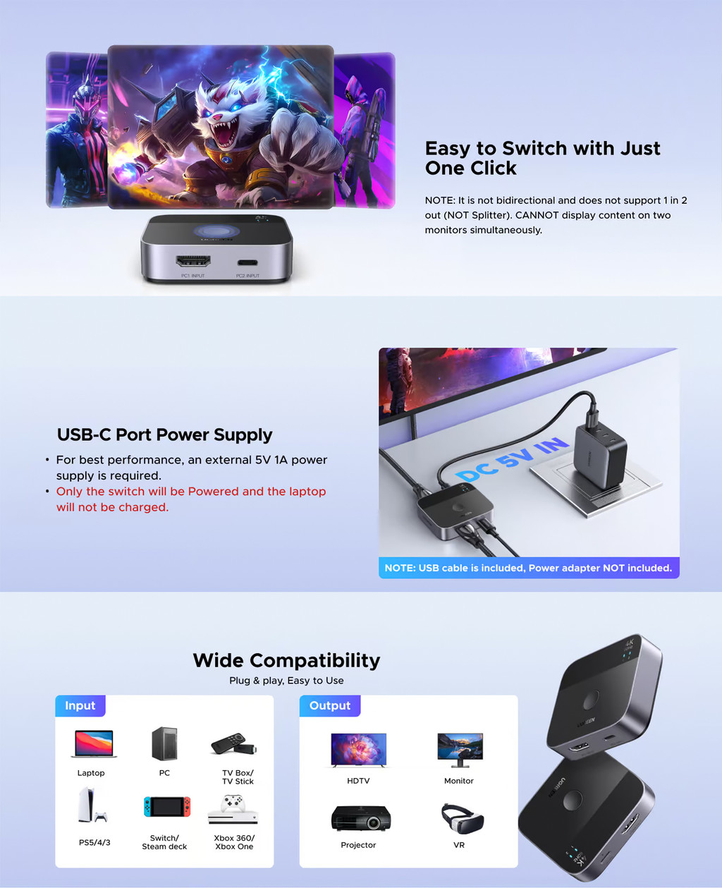 UGREEN USB C HDMI Switch 2 in 1 out Display Screen Switcher 4K 60Hz HDR ...