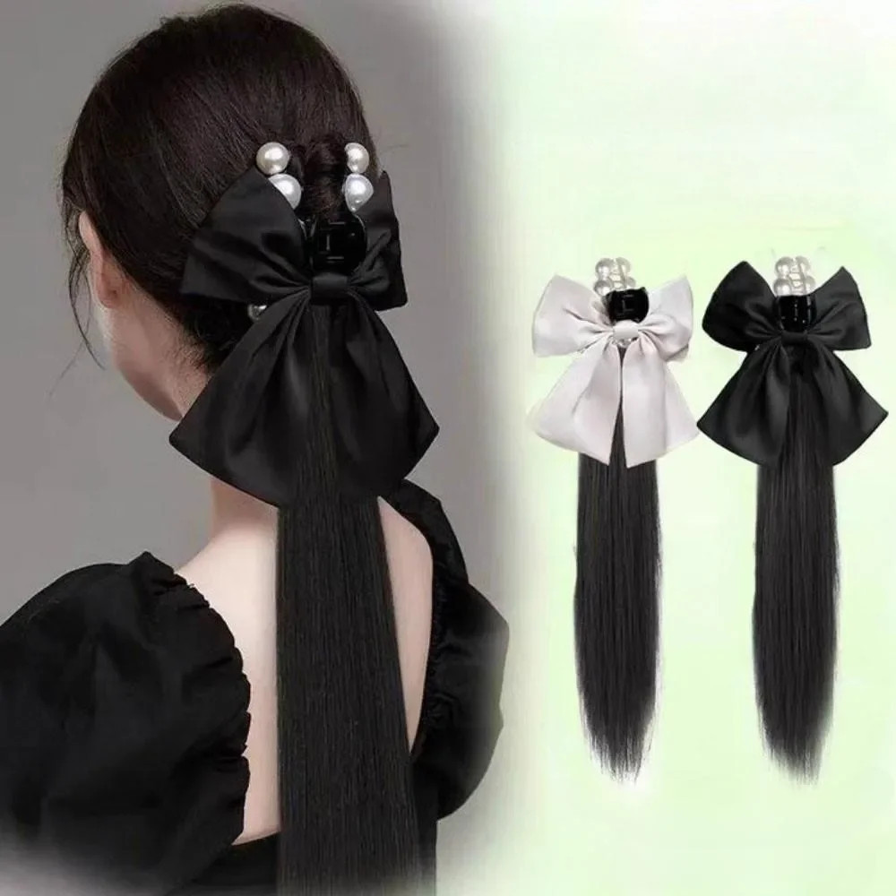 Wig Female Ponytail Braid Pearl Bow Back Head Shark Clip Clip-on Long ...