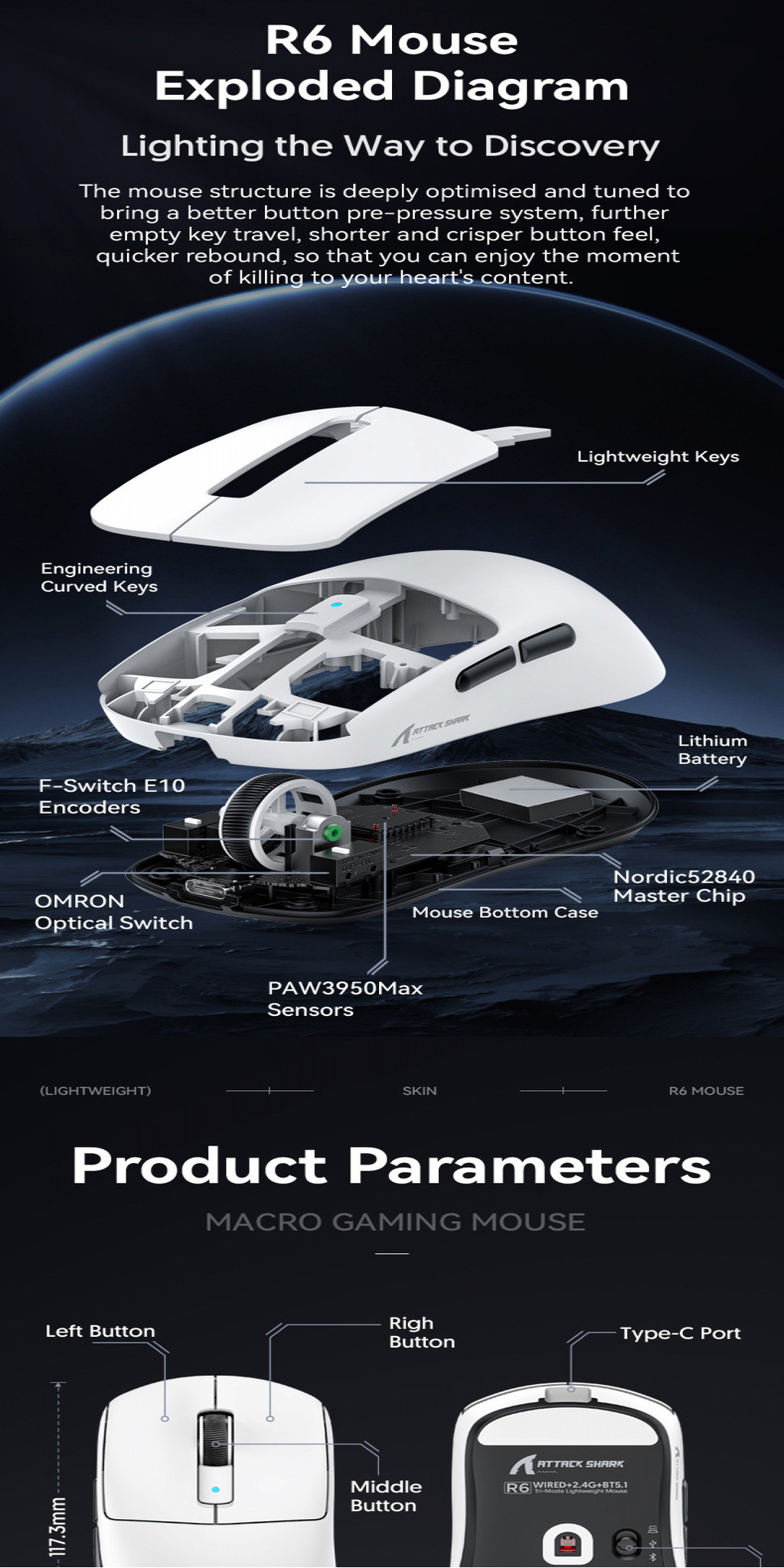 ATTACK SHARK R6 Ultralight 38g Wireless 8K Gaming Mouse, PAW3950MAX ...