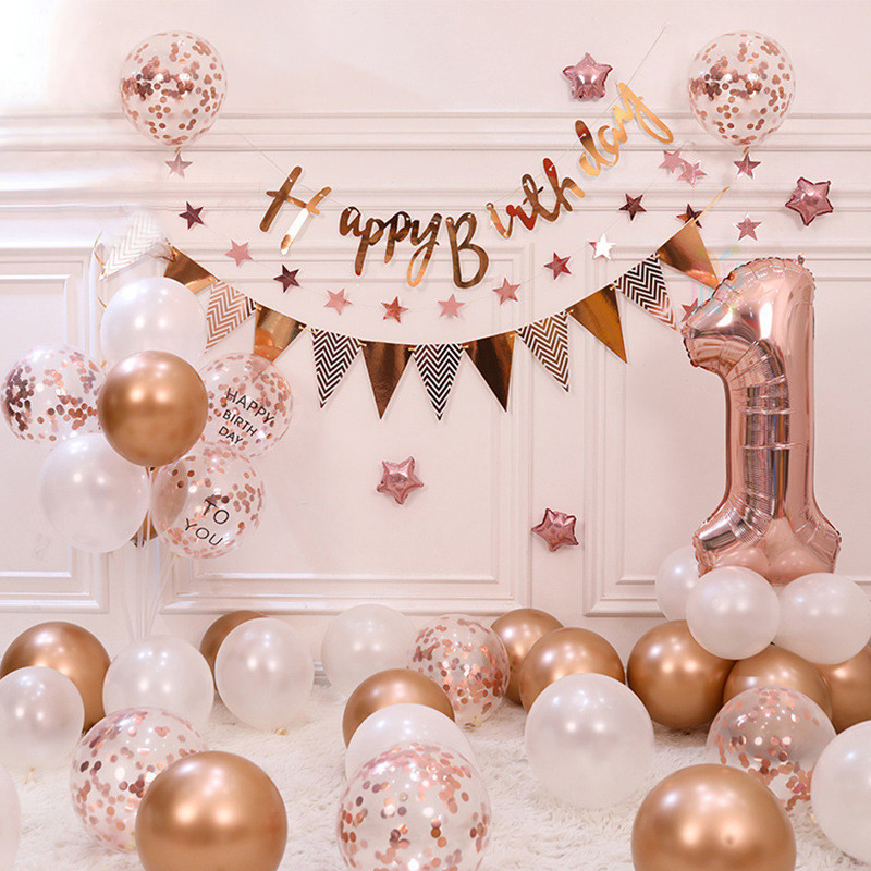 40 piece rose gold balloon set DIY birthday banner set triangular flag ...