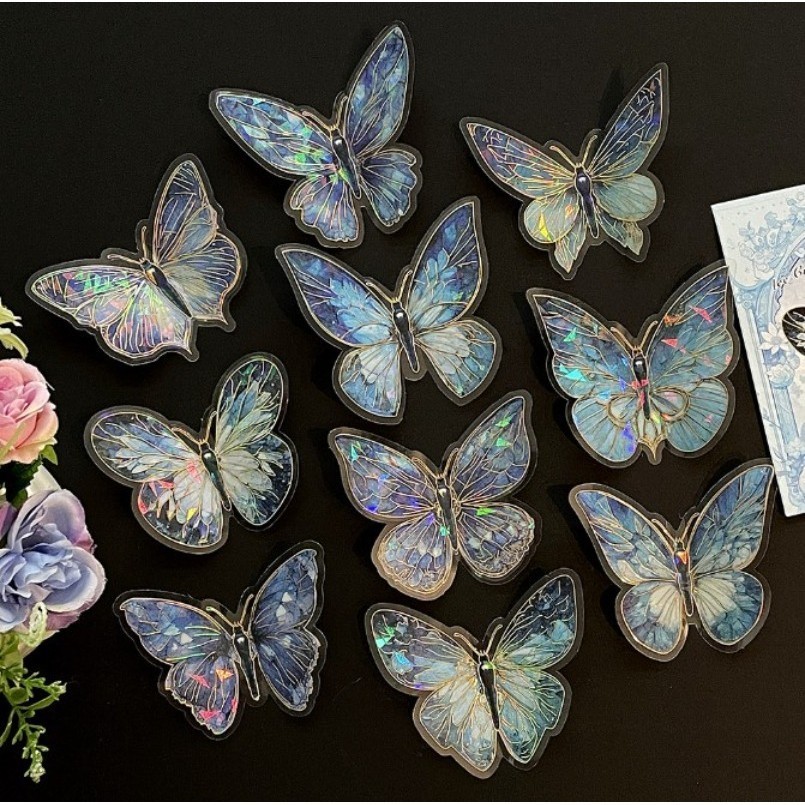 10Pcs hot stamping butterfly sticker PVC transparent shiny butterfly ...