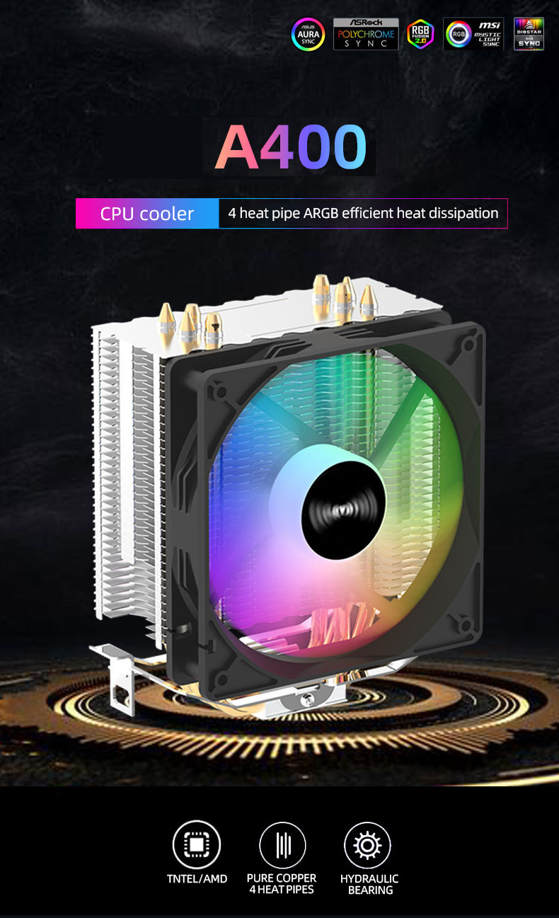 TEUCER CPU Cooler 4 Heat Pipes PC Radiator Cooling 3PIN PWM Silent Rgb ...