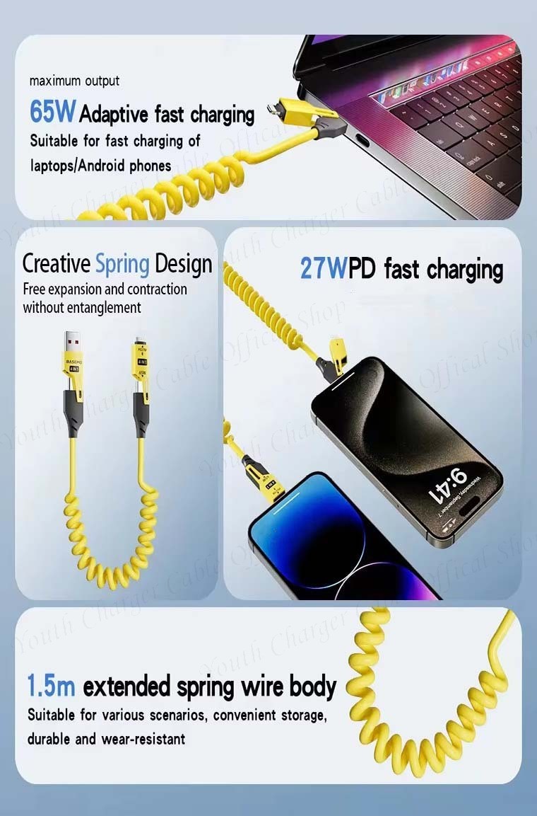 4-in-1 Spring Retractable Car Charging Cable 65W+PD27W Fast Charging ...