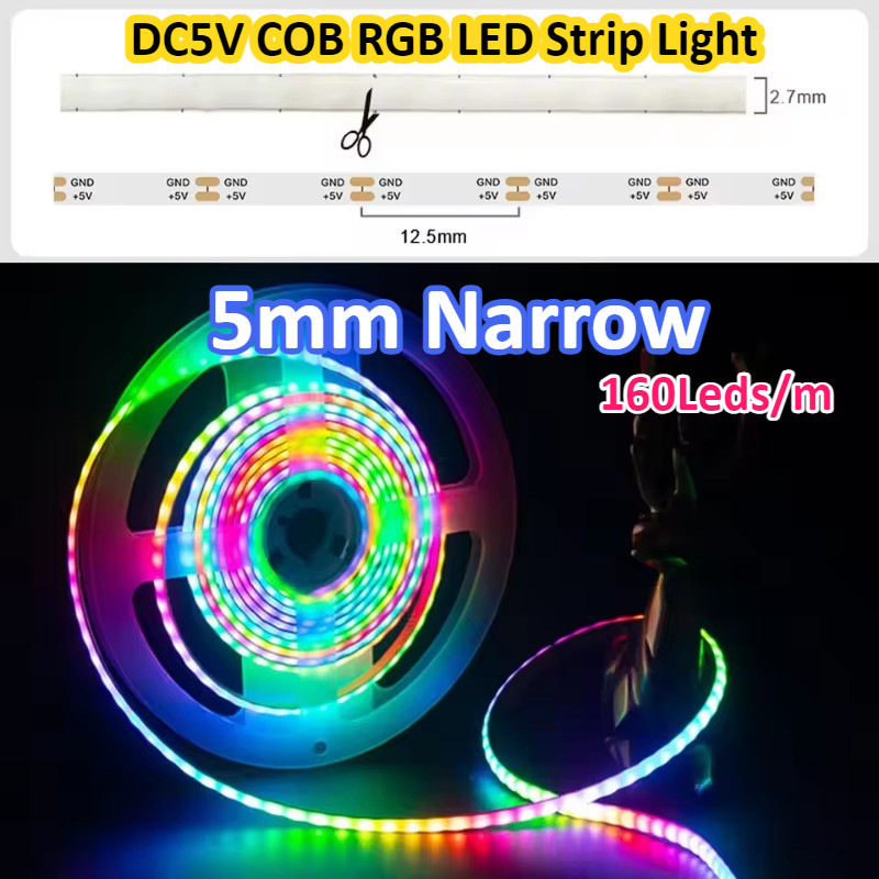 5mm Narrow DC5V COB RGB LED Strip Light 160Leds/m 5M/Roll Pixel RGBIC ...