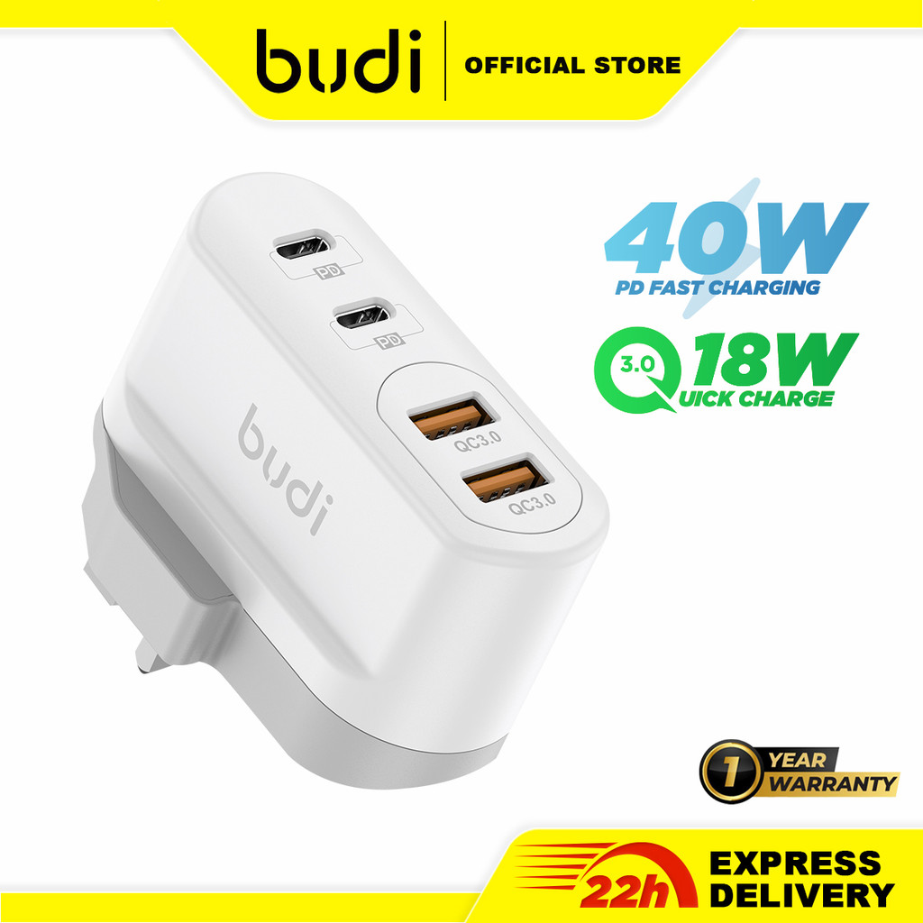 Budi 4 Ports Charger Super Fast Charging 40W Type C PD & 18W Dual USB Adapter Plug