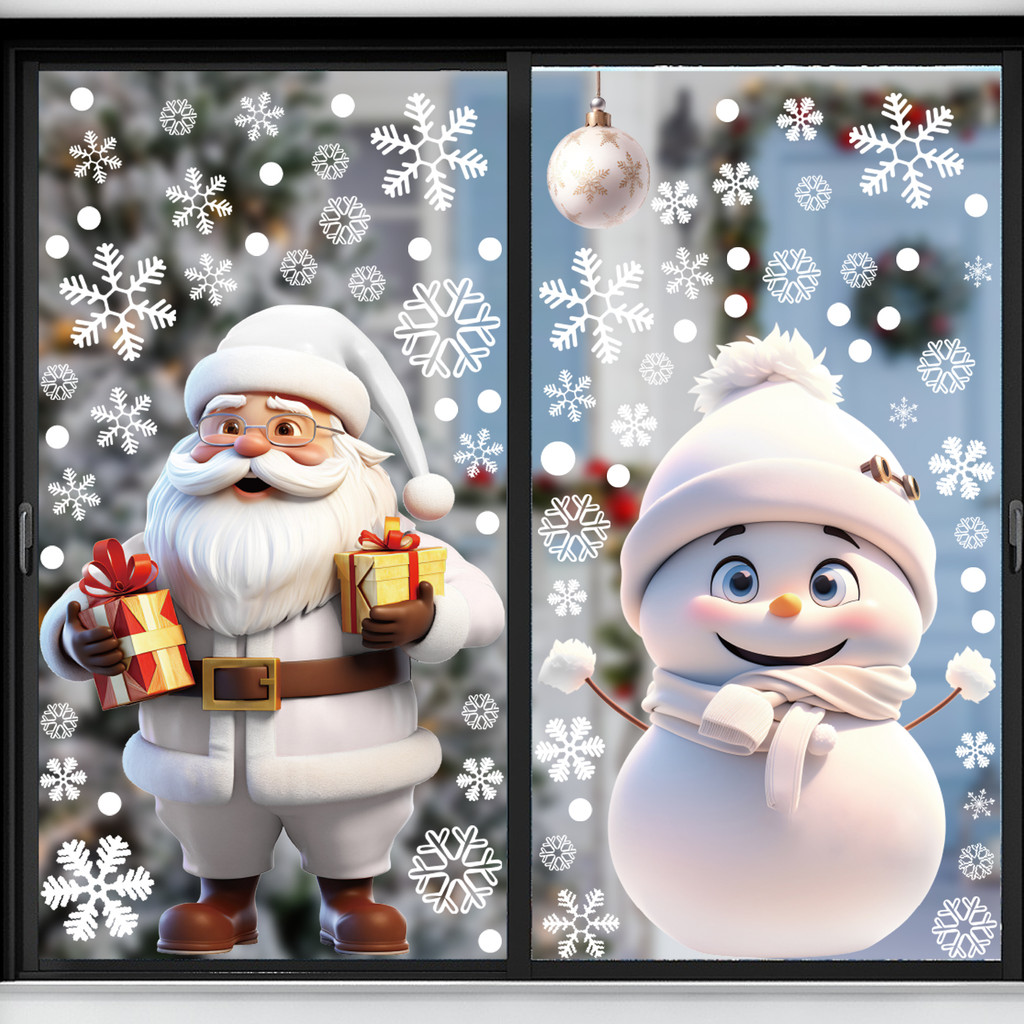 Cartoon Christmas White Window Stickers - Santa Claus Elf Snowman Elk ...