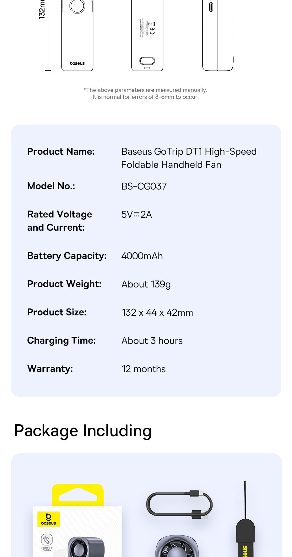 Baseus 4000mAh High-Speed 5 Speeds Strong Wind Foldable Handheld Fan ...