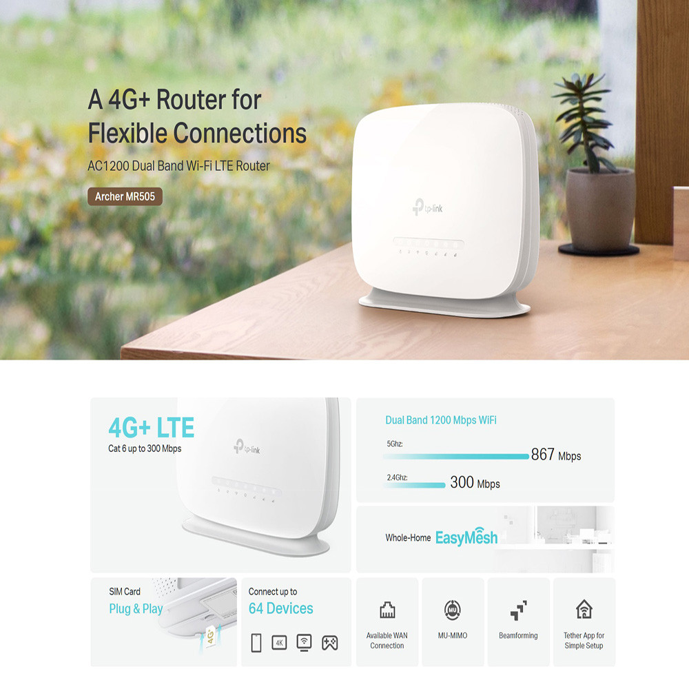 TP-Link TL-MR505 Sim Card 4G+ Cat6 AC1200 Wireless Dual Band Gigabit ...