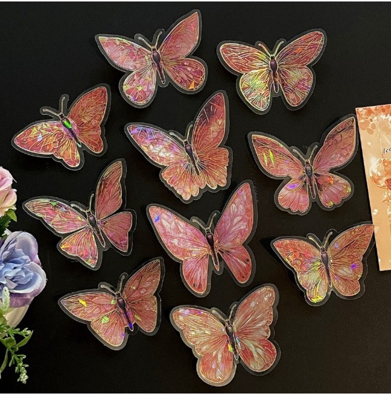 10Pcs hot stamping butterfly sticker PVC transparent shiny butterfly ...
