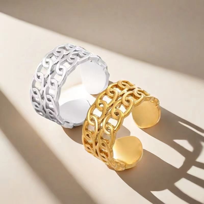 Double Row Stainless Steel Open Ring Men Women Contrast Style High-End ...