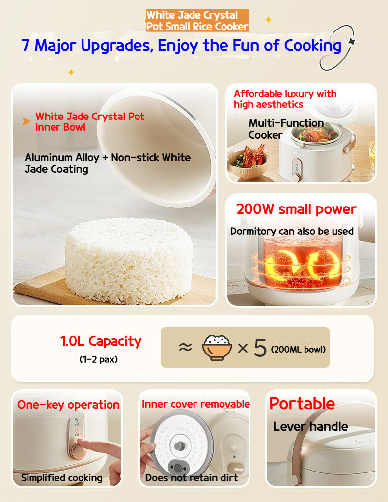 Midea Rice Cooker Mini Compact Non-Stick White Jade Crystal Inner Pot ...