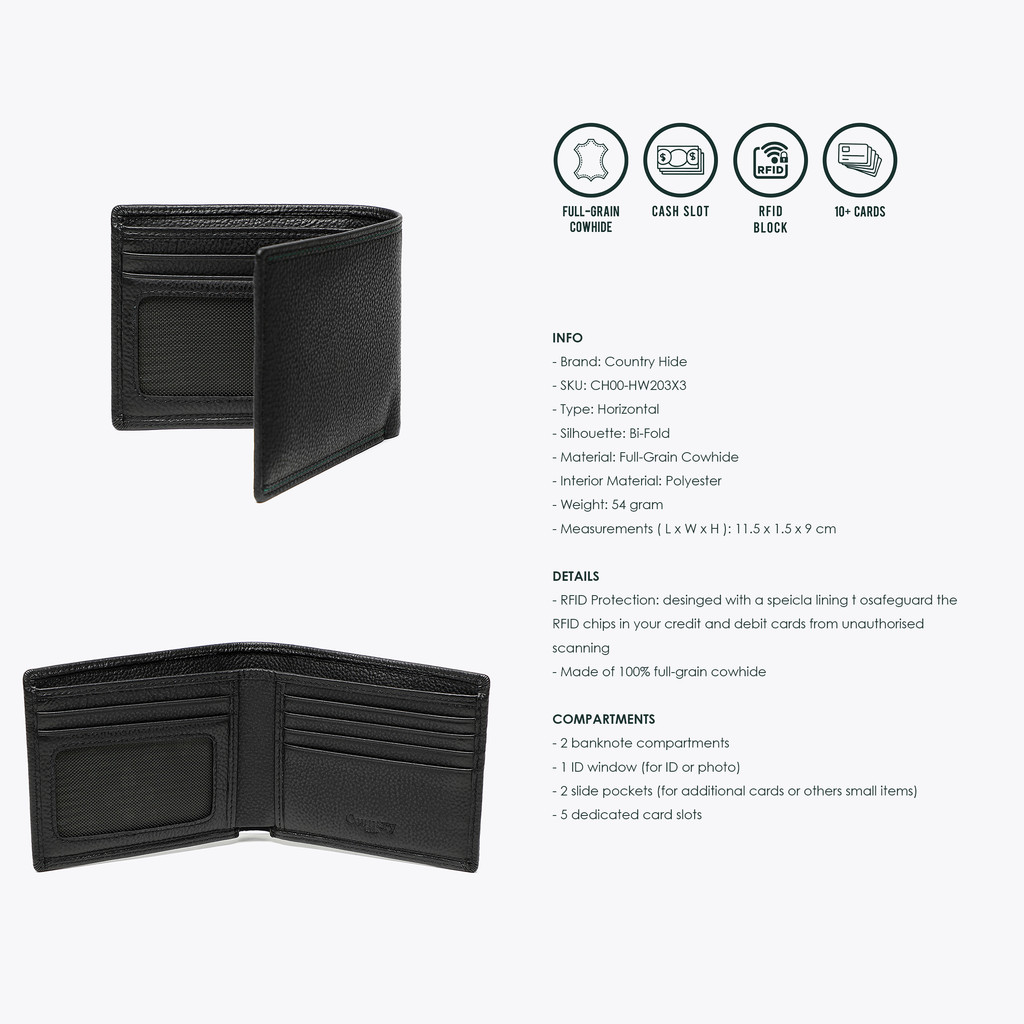 COUNTRY HIDE METRO Full Grain Cowhide RFID BLOCKING Bi-Fold Basic Short ...