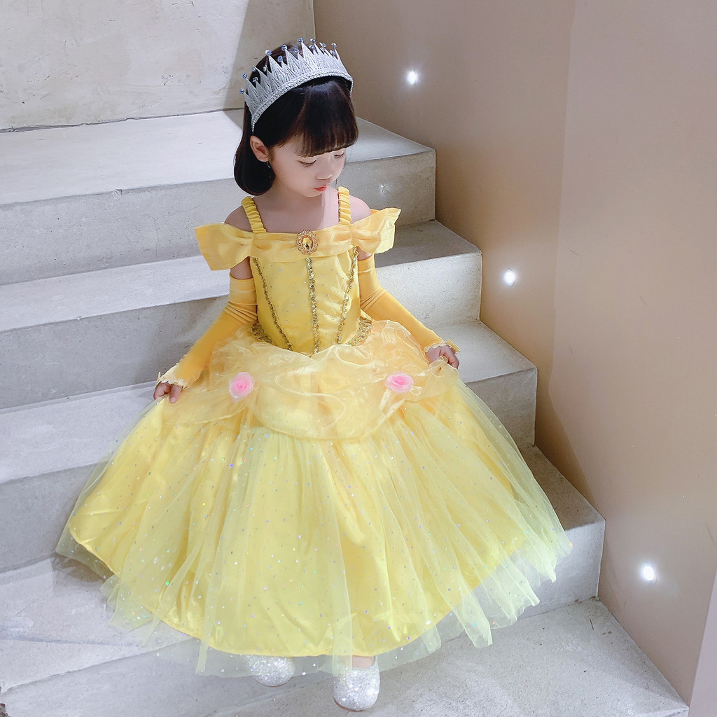 Beauty And Beast Cosplay Costume Princess Bella Yellow Dress For Kids ...