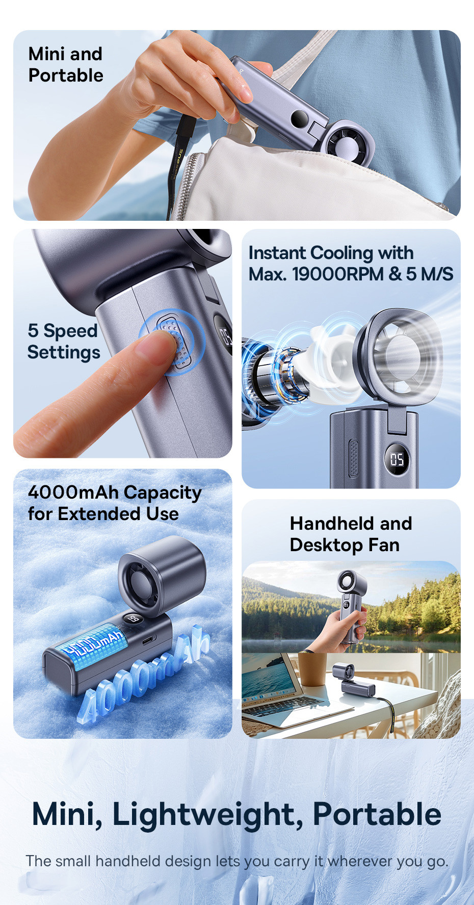 Baseus 4000mAh High-Speed 5 Speeds Strong Wind Foldable Handheld Fan ...
