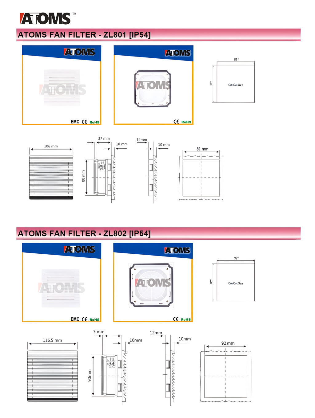 ATOMS Panel Fan Filter IP54 Ventilation Louver Axial Fan Filter ZL801 ...
