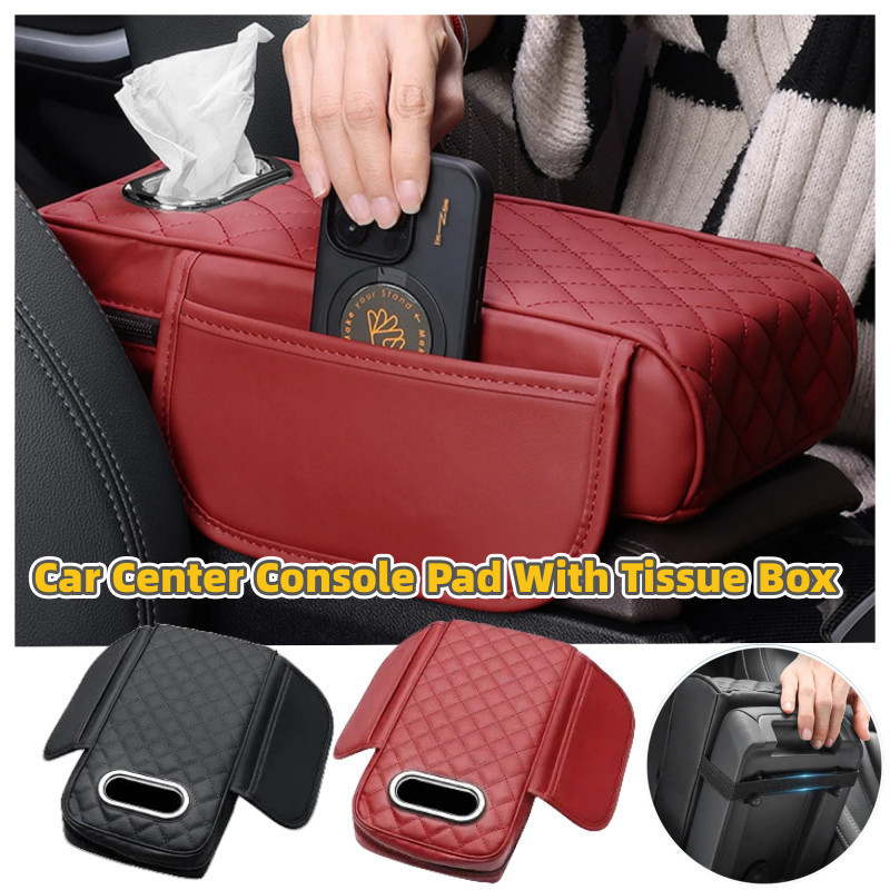 Car Armrest Cushion With Storage – Leather Center Console Pad & Tissue Holder